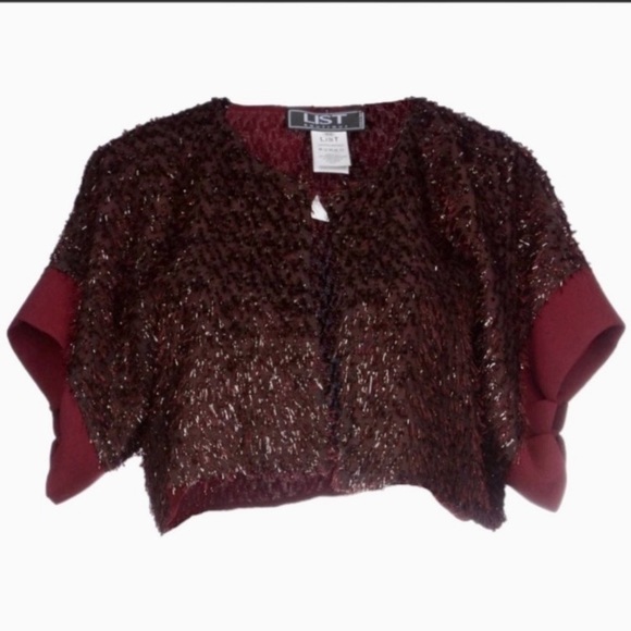 Glistening Romantic Burgundy Crop Jacket From Italy Designed by LIST - Picture 3 of 16
